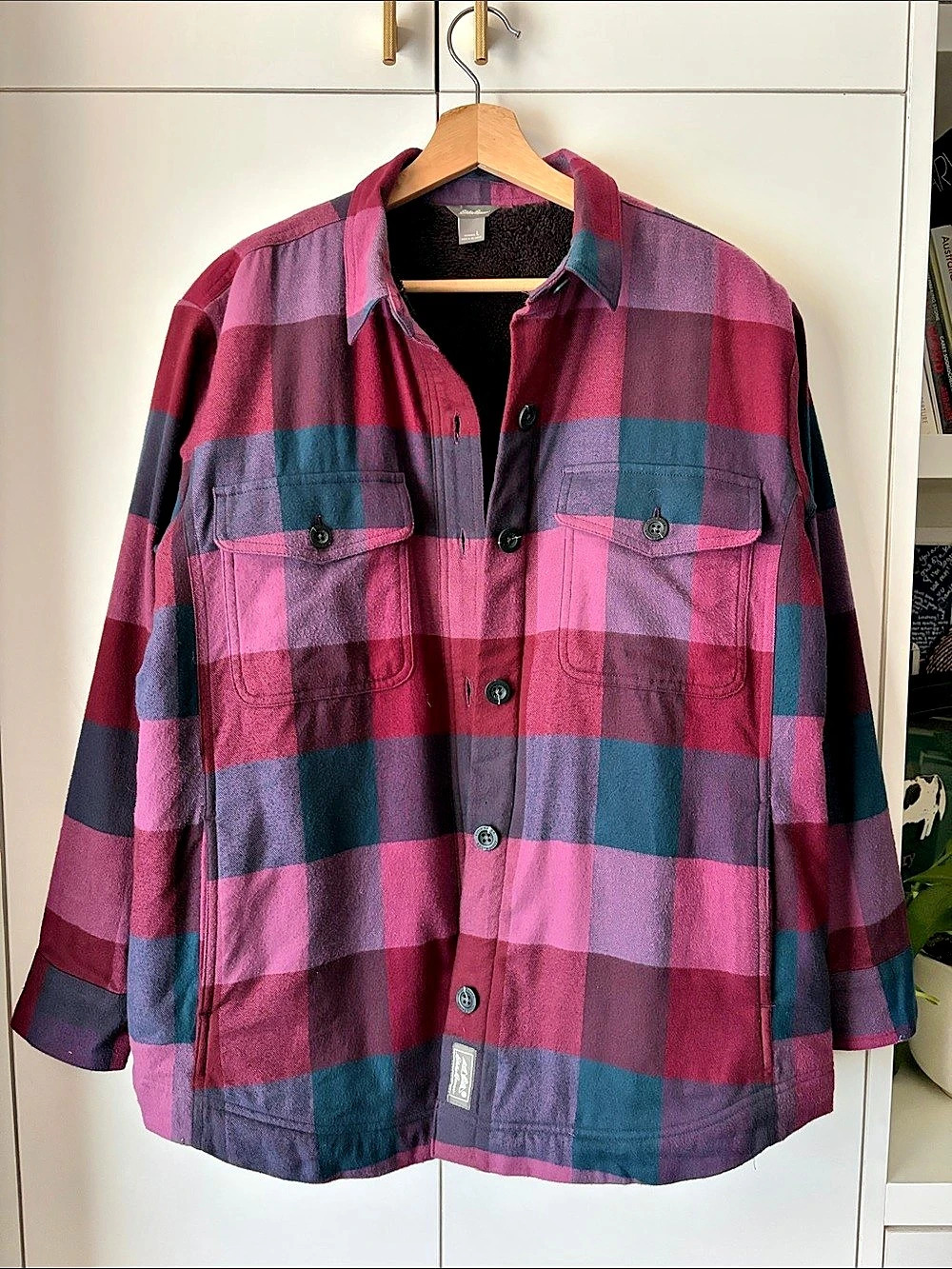Eddie Bauer | Fleece-Lined Plaid Flannel Shirt Jacket in Eggplant | Large